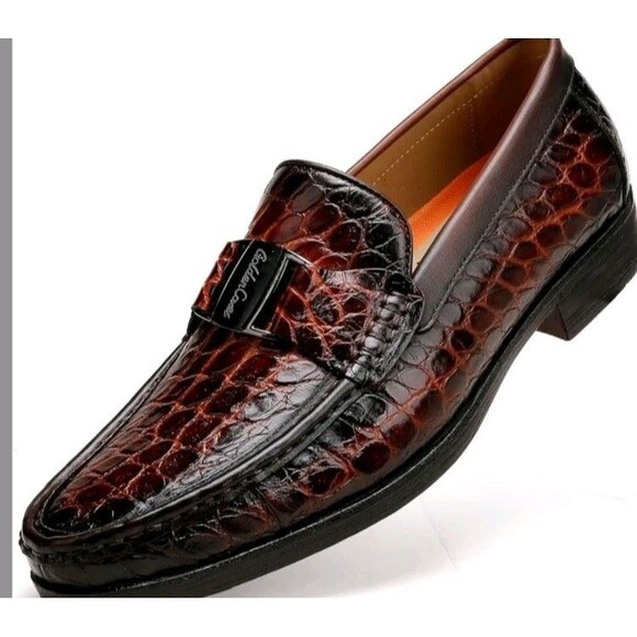 Classic Mens Leather Dress Shoes, Luxury Crocodile Printed Slip on Loafer...
